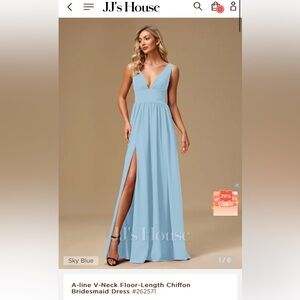 JJ’s House A-line V neck floor length chiffon bridesmaids dress in sky blue